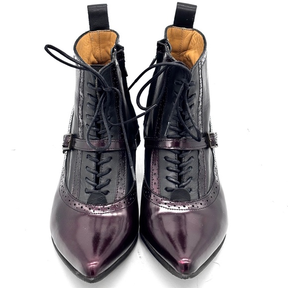 John Fluevog The Bronte Burgundy Black Leather Ankle Boots - Picture 3 of 8